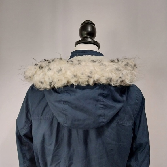 Tiffosi Navy Blue Hooded White Faux Fur Zip Up Button Down Long Sleeve Jacket M - Picture 11 of 15